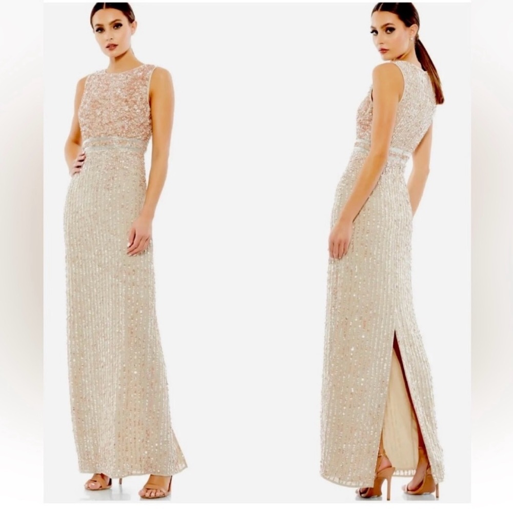 Mac Duggal Nude Sequined High Neck Sleeveless Column Maxi Gown NWT size2